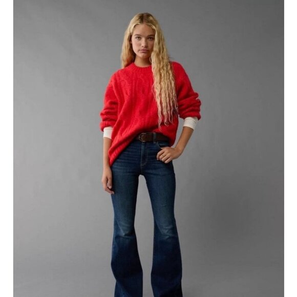 American Eagle Whoa So Soft Cable Knit Sweater Cherry Red Crewneck Size XS - Picture 1 of 7